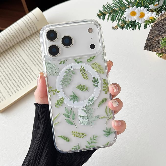 ZTOFERA for iPhone 17 Pro Max Magnetic Case Compatible with Magsafe,Aesthetic Floral Pattern Design Cute for Girl Women,Anti-Drop Protective Hard Phone Cover for iPhone 17 Pro Max-Green Leaf
