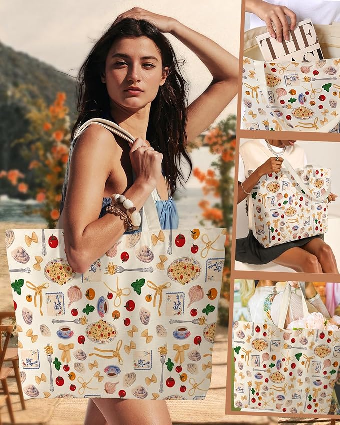 Large Tote Bag for Women - Canvas Tote Bag with Zipper Aesthetic Reusable Shoulder Bag for Gym, Travel, Work