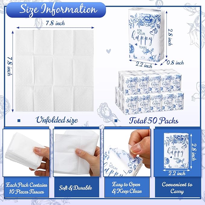Spiareal 50 Pcs Blue Flower Happy Tears Tissues for Wedding Bulk 3 Ply for Your Happy Tears Wedding Tissues for Guests Pocket Paper Mini Travel Size for Party Favor Graduation