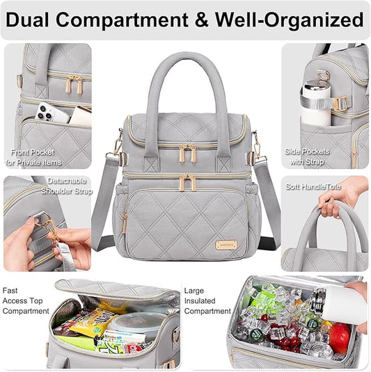 Weitars Lunch Bag for Women Men,Double Deck Lunch Box for Women,Quilted Lunch Tote for Work,Insulated Lunch Cooler Leakproof Lunchbox for Adult with Shoulder Strap &Pockets for Picnic Hiking (Gray)