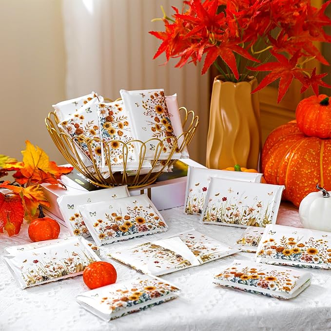 50 Pack Fall Wildflower Pocket Tissues Individual Packs Autumn Floral Pocket Facial Bulk 3 Ply Wallet Travel Toilet Tissues for Summer Thanksgiving Day Wedding Birthday Party Supplies