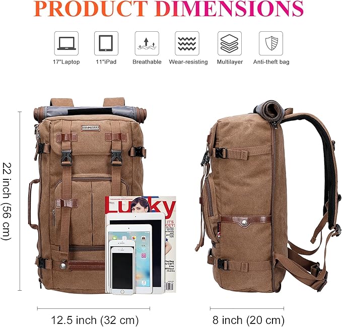 WITZMAN Canvas Backpack Vintage Travel Backpack Large Laptop Bags Convertible Shoulder Rucksack(A519-1 Brown)