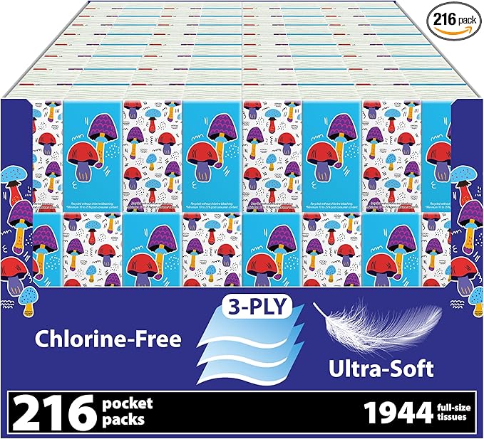 Funwares White Facial Travel Tissue Packs, Non-Bleach, Chlorine-Free, Compact Pocket Tissues for Car, Purse, School, Work, On-the-Go Tissue Packs, Mushroom Design, 216 Pack, 1944 Tissues, 3-Ply Sheets
