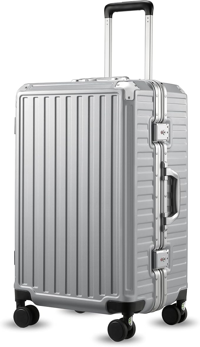 LUGGEX Checked Luggage with Spinner Wheels, 24 Inch Aluminum Frame Zipperless Polycarbonate Hard Shell Suitcase, Silver