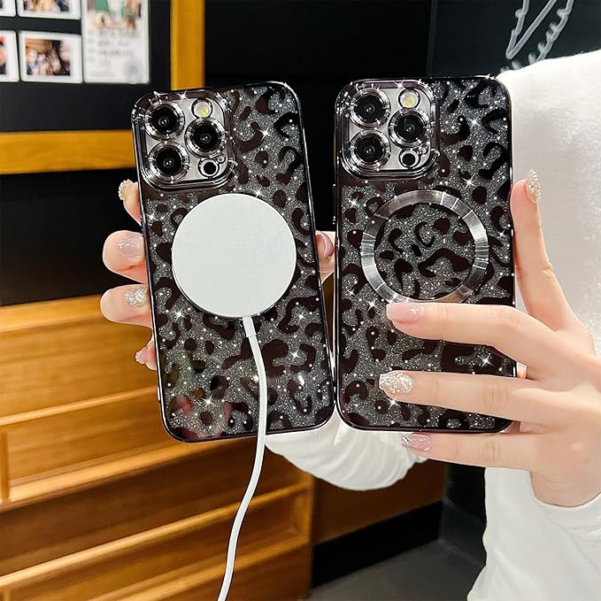 for iPhone 14 Pro Case Magnetic,Soft Cute Luxury Leopard Cheetah Pattern Plating Glitter Bling Phone Case Compatible with MagSafe Clear Shockproof Back Cover for Women Girl 6.1"-Black