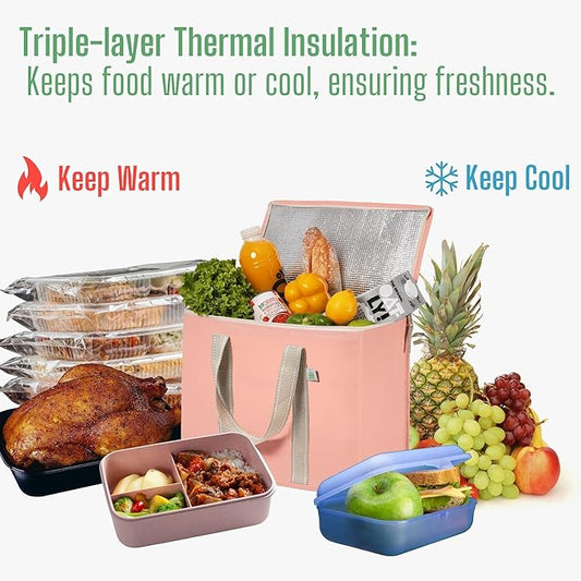 VENO 2 Pack Cooler Bag and Insulated Grocery Bags for Food Delivery, Collapsible Cooler. Reusable Shopping Bags for Groceries with Hard Bottom, Zippered, Foldable, Heavy-Duty (Peach Pink, 2 Pack)