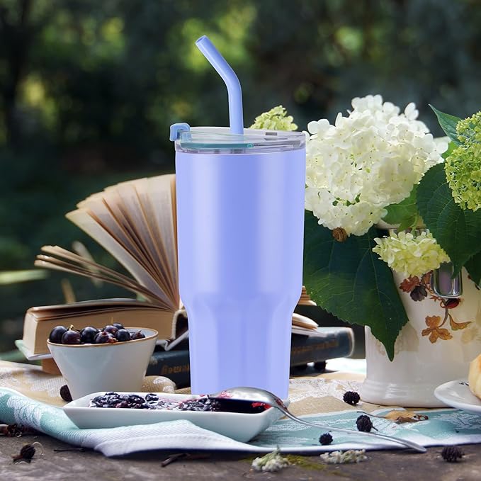 VEGOND 30 oz Insulated Stainless Steel Tumblers with lid and straw Bulk Pack Double Wall Vacuum Coffee Mug with Non-Slip Silicone Base, Sweat Proof Powder Coated Cup for Hot Cold Drinks, Blue 8Pack