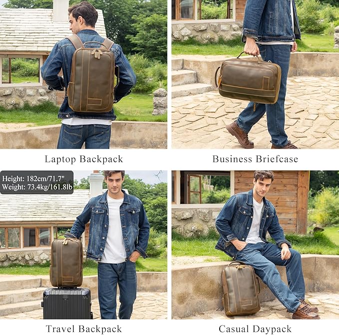 Masa Kawa Leather 15.6" Laptop Backpack for Men Convertible Briefcase Backpacks Expandable Vintage Business Work Travel Rucksack Daypack, Light Brown