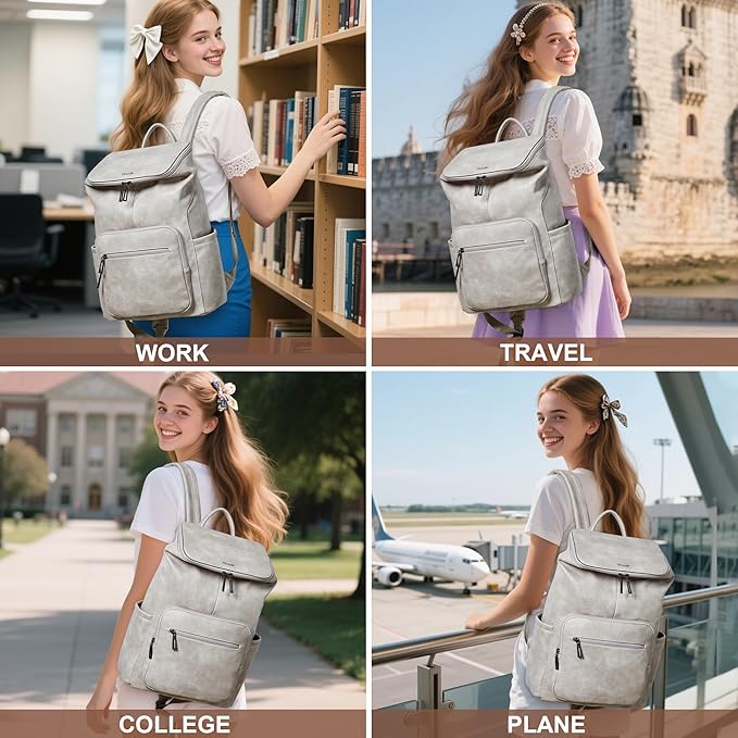 Leather Laptop Backpack for Women, 15.6 Inch Travel Backpack with Laptop Compartment, Casual Daypack Fashion Travel Backpack Purse for Travel College Work, Grey