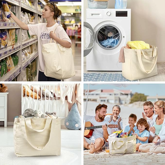 VitaSerena Heavy Duty Reusable Grocery Bags 3pcs XL Set, Washable Canvas Grocery Bags with Dual Handles, Inner Pockets, Shrink Resistant, Foldable