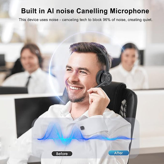 (2025 Upgraded) Wireless Headset with Mic for Work, Bluetooth Headset with Noise Canceling Microphone, Wireless On Ear Headphones with USB Dongle and Mute Mic for Computer