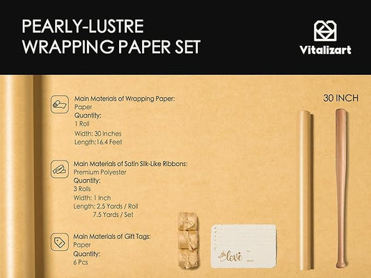 Vitalizart Gold Wrapping Paper Set 30" Pearly-Lustre With Silk Like Satin Ribbon & Gift Tags Recyclable Eco-Friendly Christmas Gift Wrapping Birthday Baby Shower Wedding Handmade Crafts 197"(16.4 Ft)