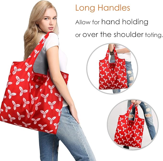 BeeGreen Christmas Reusable Grocery Bags with Zipper Storage Pouch 10 Pack Reusable Shopping Bags Bulk with Elastic Band Foldable-Machine Washable Christmas Gifts Tote Bags