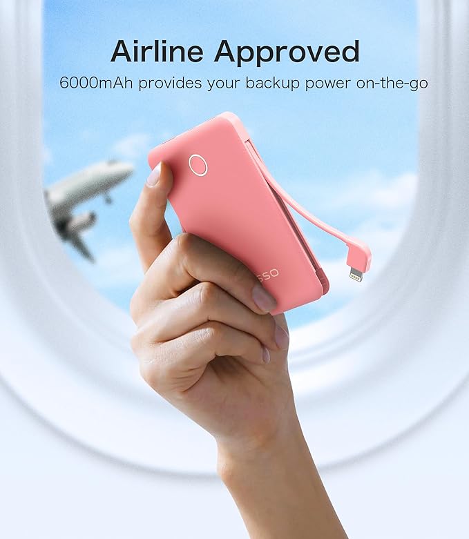 6000mah Ultra Slim Built in Cables Power Bank, Card Size Built in USB C Cords Battery Pack Portable Charger for Phones, 3 Output External Battery Pack Compatible with iPhone, Samsung, Blossom pink