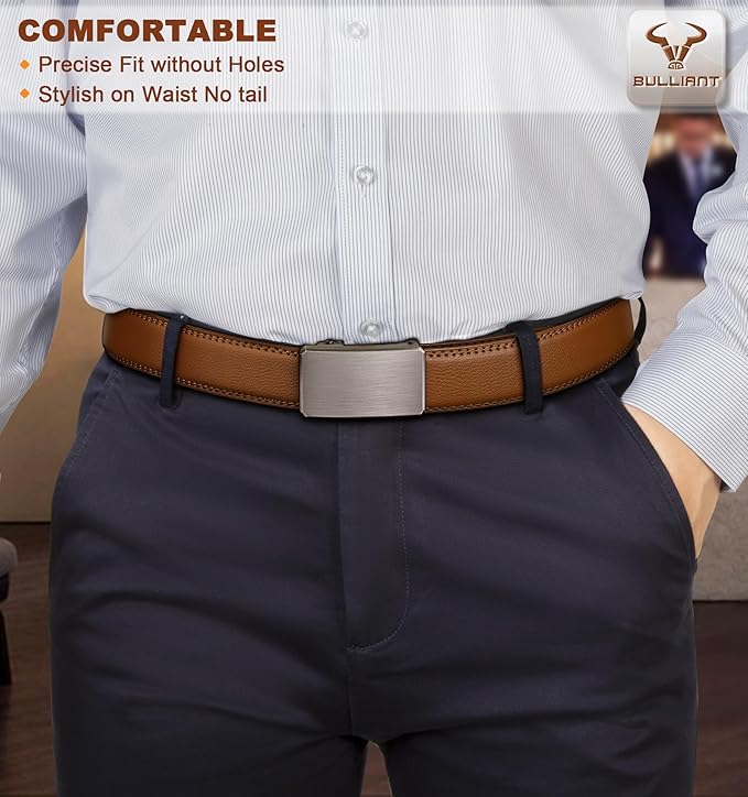 BULLIANT Men Ratchet Belt 2 Pack, Click Sliding Leather Belt Adjustable for Gift Men Dress Casual Jeans 1 3/8,Cut for Fit