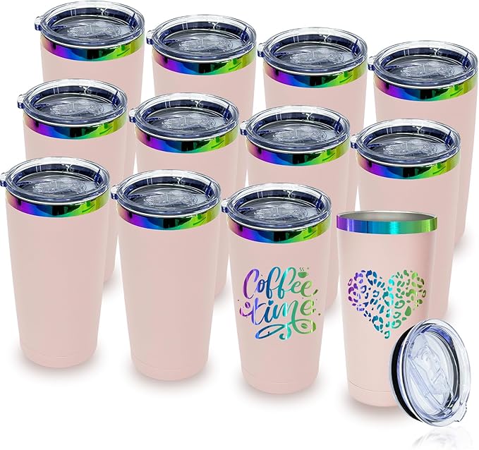 20 oz Stainless Steel Tumbler with Lid and Straw Double Wall Vacuum Insulated Coffee Mug Powder Coated Cup for Hot and Cold Drinks (Pink,12 pack)