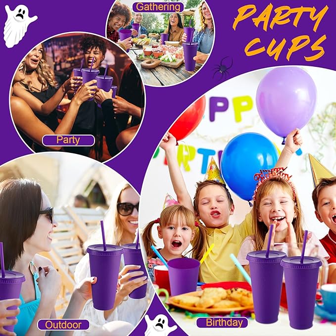 Honeydak 60 Pack Tumbler with Straw and Lid Bulk Glitter Plastic Cups Water Bottle Iced Coffee Travel Mug Reusable Party Favor Cups for Birthdays travel 24-27 oz (Purple)