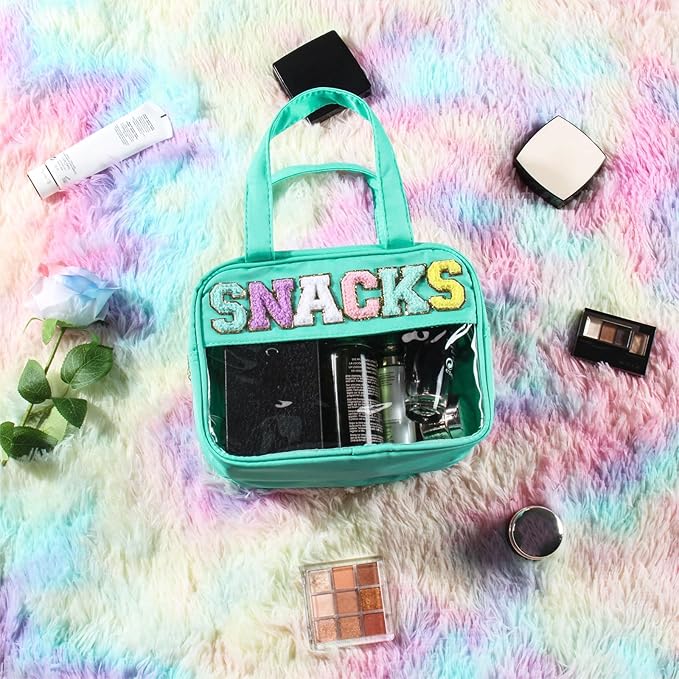 Chenille Letter Clear Makeup Bags, Snacks Bag for Travel, Preppy Patch Nylon Cosmetic Bag with Handles and Zipper, Waterproof Large Clear Travel Toiletry Bag Storage Bag for Women Green