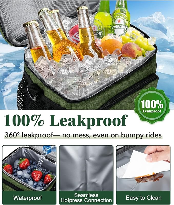 Insulated Lunch Bag for Men & Women - Leakproof Lunch Box Soft Cooler Tote, Adjustable Strap, Reusable Lunch Box for Work Office Picnic Beach Travel-Green