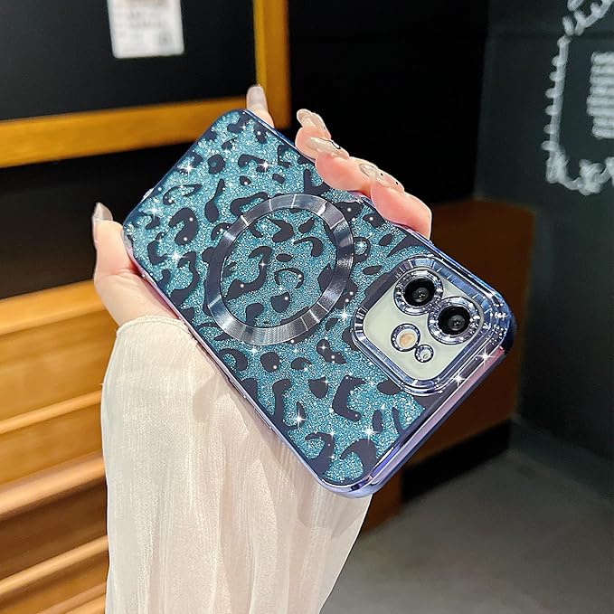 for iPhone 11 Case Magnetic,Soft Cute Luxury Leopard Cheetah Pattern Plating Glitter Bling Phone Case Compatible with MagSafe Clear Shockproof Back Cover for Women Girl 6.1"-Blue