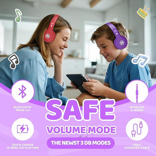 Headphones Kids Bluetooth 5.4 Wireless Play Time 68H Safe Volume Limit 85/94dB Over-Ear Foldable Headset,Fast Charging,with Aux Cord Built-in Mic for Toddler Child Pad Study Tablet Purple