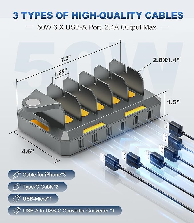 Charging Station for Multiple Devices, Honcila 50W Multiple Charger Station Charging Dock for iPhone iPad Cell Phone Tablet and More - 6 Port Multi Charging Station with 6 Mixed Cables (Space Gray)