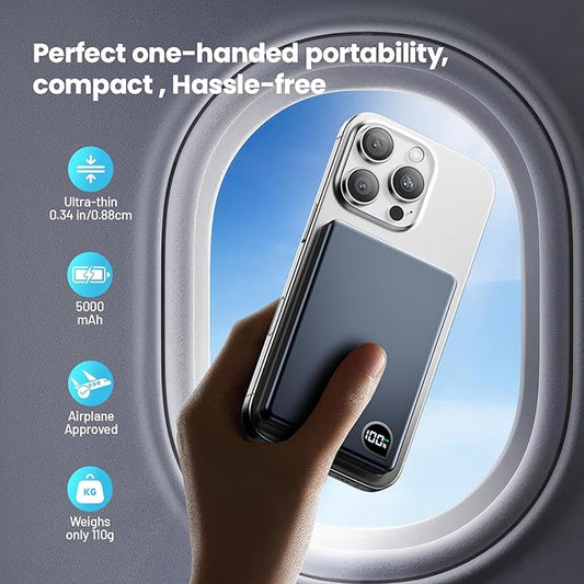 Portable Charger Power Bank, 5000mAh Ultra Slim Battery Bank with USB-C & Digital Display, 22.5W Fast Charging Magnetic Battery Pack for iPhone 16/15/14/13 Series, Samsung & Android(Blue)