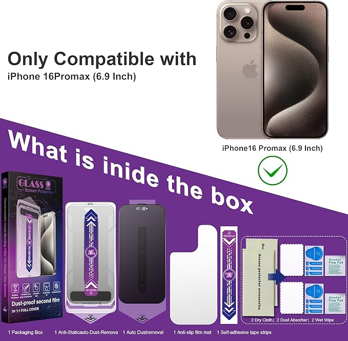 2 Pack Matte Privacy Screen Protector for iPhone 16 Pro Max, 9H Tempered Glass, Full Coverage, Anti-Fingerprint, Auto Dust-Elimination, No Bubble, Easy Installation