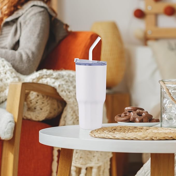 VEGOND 30 oz Insulated Stainless Steel Tumblers with lid and straw Bulk Pack Double Wall Vacuum Coffee Mug with Non-Slip Silicone Base, Sweat Proof Powder Coated Cup for Hot Cold Drinks, White 8Pack