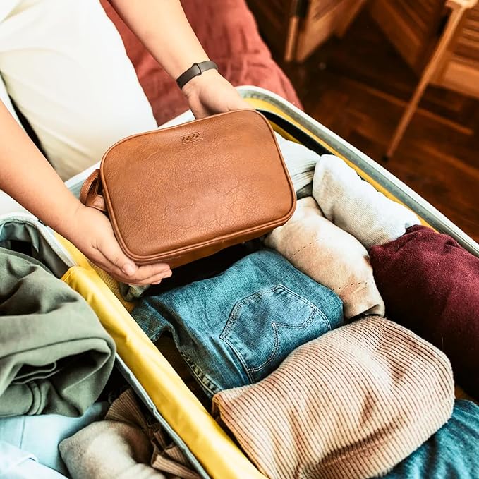 Dot&Dot Leather Toiletry Bag for Men Women - Spacious Womens Mens Toiletry Travel Bag, Large Travel Toiletries Bags (Rugged Brown, Large)