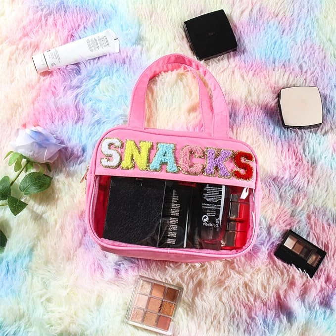 Chenille Letter Clear Makeup Bags, Snacks Bag for Travel, Preppy Patch Nylon Cosmetic Bag with Handles and Zipper, Waterproof Large Clear Travel Toiletry Bag Storage Bag for Women Pink
