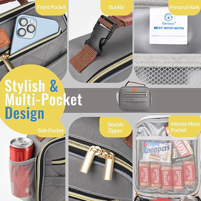 Genteen Lunch Box for Men Women Adults Kids - Insulated Small LunchBox Reusable, Zip Closure & Buckle Handle, Portable Cooler for Work, School, Travel (Gray)