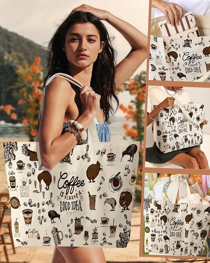 Large Tote Bag for Women - Canvas Tote Bag with Zipper Aesthetic Reusable Shoulder Bag for Gym, Travel, Work