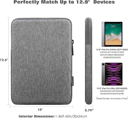 MoKo 12.9 Inch Tablet Sleeve Fits 13 Inch New iPad Pro M4 & Air M2 2024,iPad Pro 12.9 M2&M1,Galaxy Tab S8+/S9+ 12.4,Polyester Bag Fit with Apple Pencil or Smart Keyboard, Light Gray