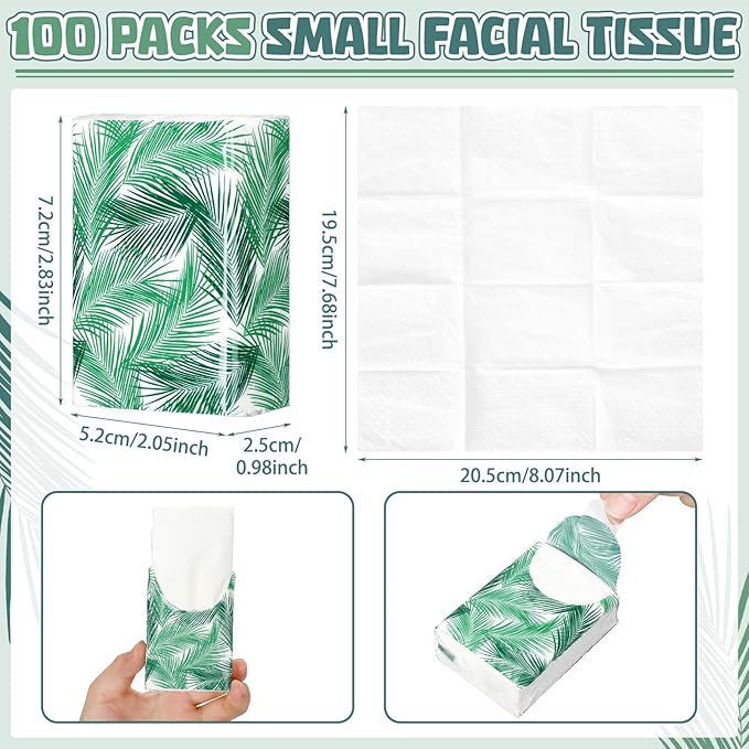 Therwen 100 Pack Pocket Tissues Travel Packs Bulk 1000 Sheet Mini Tissues Bulk 3 Ply Small Travel Size Paper Individual Pocket Size (Palm Theme)