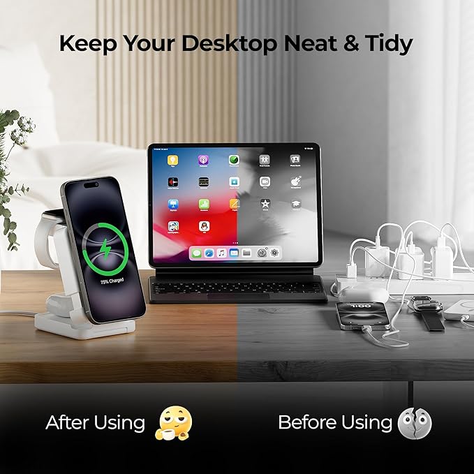 【2025 Upgraded】 Wireless Charger 3 in 1, Foldable Wireless Charging Station, Travel Magnetic Charger Stand, Nightstand 15W Charging Station for iPhone 16 Samsung S25 Samsung Watch TWS Earphone iWatch
