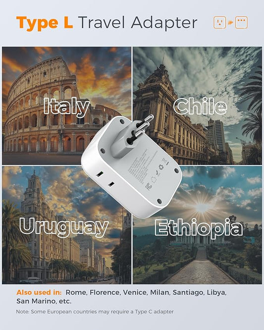 Italy Travel Plug Adapter 2 Pack, TESSAN Type L Adapter for Travel with 4 Outlets 3 USB (2 USB-C), Power Adaptor for US to Italy Chile Rome Uruguay Milan Libya