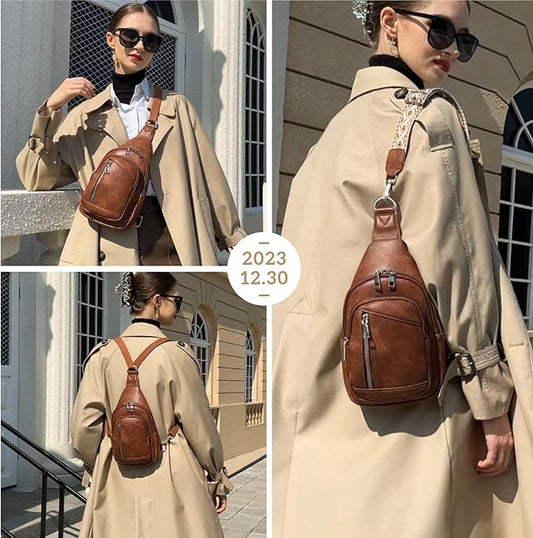 Sling Bag Crossbody Backpack - 2 in 1 Leather Cross Body Bag Fanny Pack with 2 Removable Straps