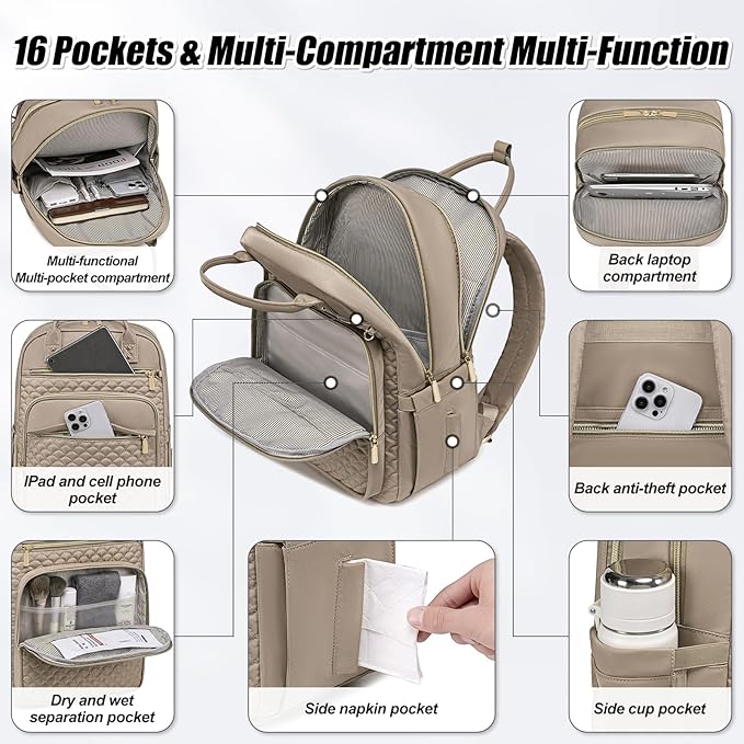 Laptop Backpack for Women,15.6 Inch Laptop Backpack for Work,Waterproof Travel Backpack,College Bookbag with Wallet (Khaki)