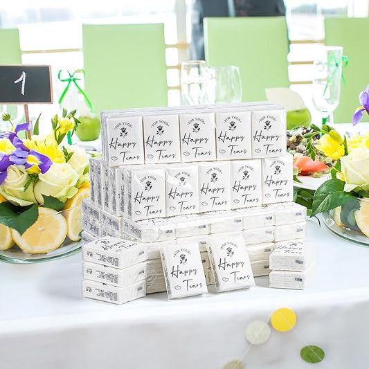 Lesnala 120Packs Happy Tears Tissue Packs for Wedding Kleenex Prepared for Guests 3 Ply Pocket Size for Travel Party Ceremony Graduation Favors White