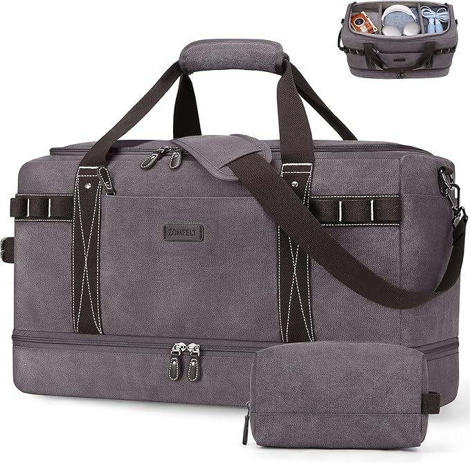 ZOMFELT Travel Duffle Bag for Men Women, Waterproof Canvas Overnight Duffel Bag with Removable Dividers & Shoe Compartment, Carry On Weekender Gym bag, Multi-Pocket & Vintage Design (Washed Grey)