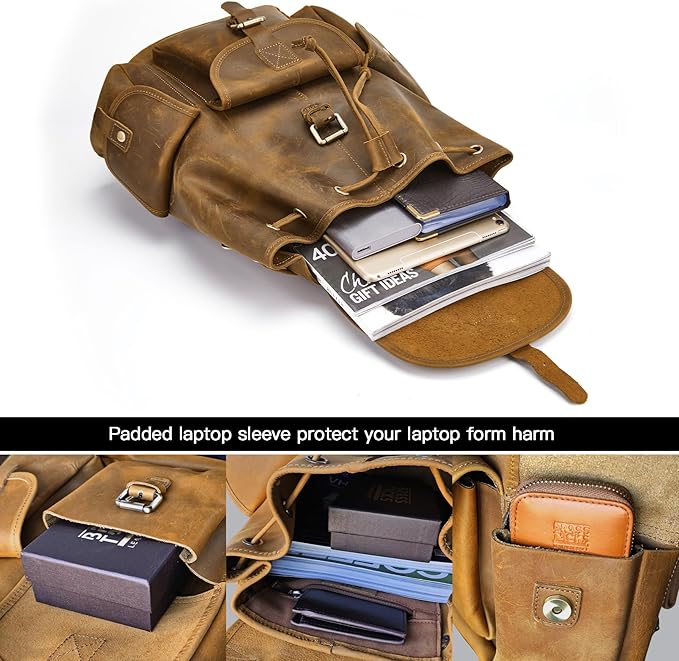 Backpack for Men Women Vintage Crazy Horse Full Leather Travel Daypack 15.6" Laptop Rucksack