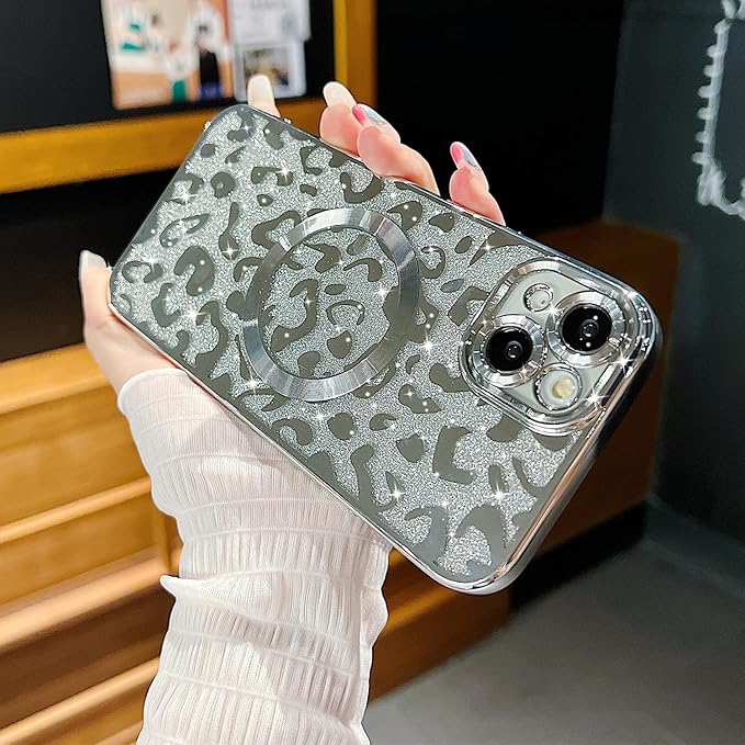 for iPhone 15 Plus Case Magnetic,Soft Cute Luxury Leopard Cheetah Pattern Plating Glitter Bling Phone Case Compatible with MagSafe Clear Shockproof Back Cover for Women Girl 6.7"-Silver