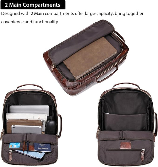 LANNSYNE Vegetable Tanned Leather Backpack for men, Expandable Leather Backpack Fits 15.6 Laptop, Tote Shoulder Travel Bag Rucksack