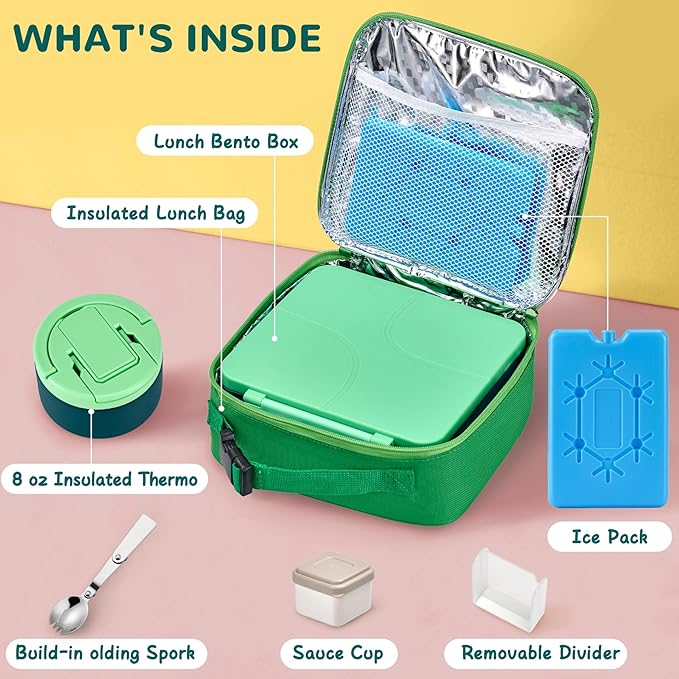 MAXSO Bento Lunch Box Set with 8 oz Soup Thermo, Kids Leakproof 4 Compartments Hot Food Container with Sauce Cup, Ice Pack and Lunch Bag, Child Insulated Food Jar for School - Green