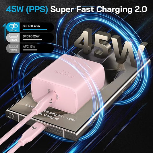 45W Super Fast Charger USB C, 45 Watt Type-C Android Phone Charger Fast Charging Block with 6.6FT Type C Cords for Samsung Galaxy S25 Ultra/S24 Ultra/S24+/S23 Ultra/S22 Plus/S20, Tab S9/S8 Ultra(Pink)