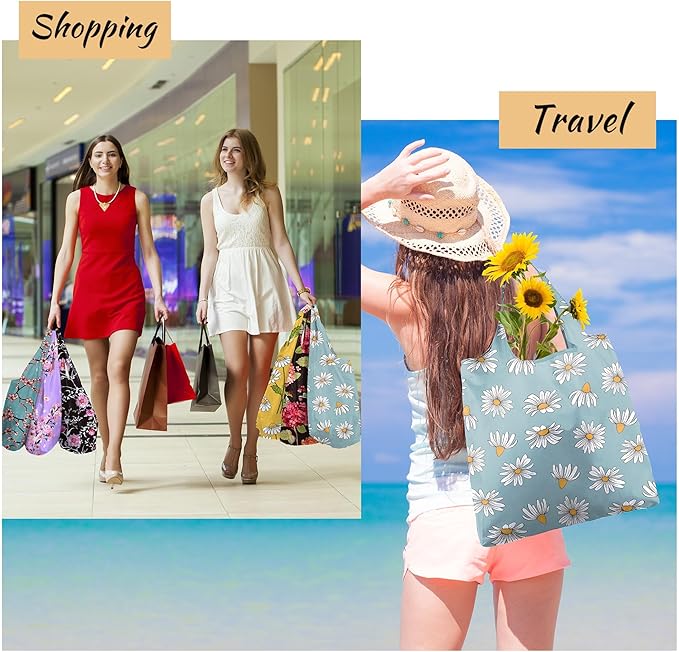 BeeGreen Reusable Gift Bags Floral Reusable Grocery Bags - Large Capacity 6 Pack Bulk Foldable Tote Bag - Recycled Ripstop Polyester Machine Washable Bags With Handles for Women Shopping