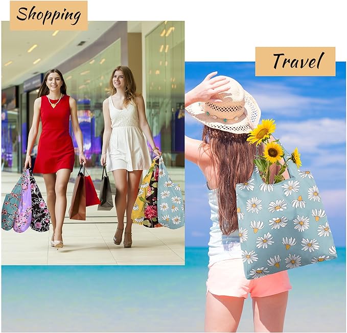 BeeGreen Floral Reusable Grocery Bags - X Large 50 LB Capacity,Foldable Tote Bag Gifts Fashionable Ripstop Polyester, Recyclable, Machine Washable Bulk Bags With Pouch - Ideal for Shopping