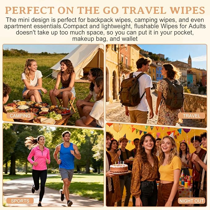 twoworld Flushable Wipes Travel Size Individually Wrapped for Women and Men,Unscented Wet Wipes Travel Size for Adult,Women,Men,Girl and Homeless (black,pack of 100)