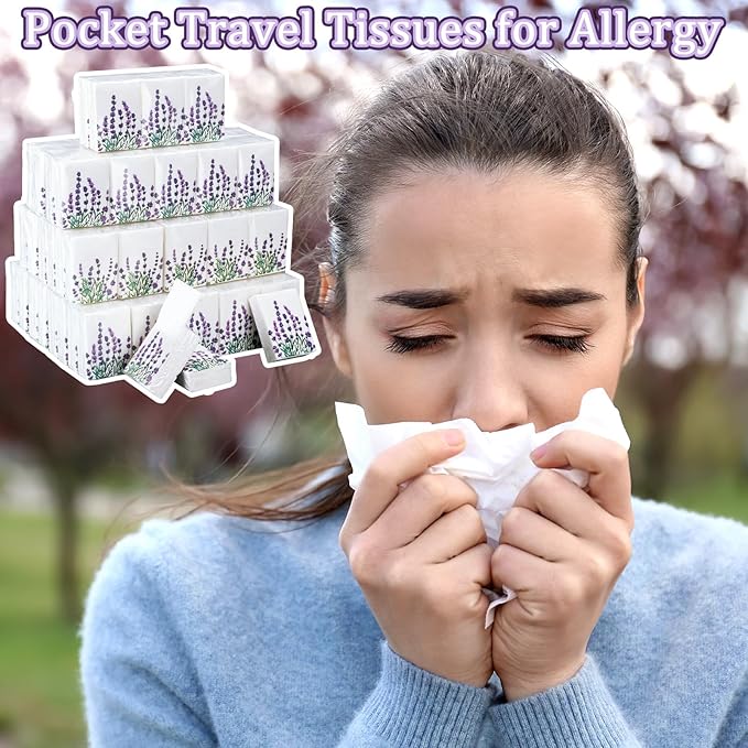 Therwen 100 Pack Pocket Tissues Travel Packs Bulk 1000 Sheet Mini Tissues Bulk 3 Ply Small Travel Size Paper Individual Pocket Size (Lavender Style)